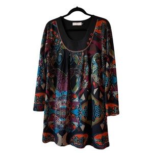 Scrap Work Boutique Knit Multicolor Boho Tunic Dress Long Sleeves Womens Size L
